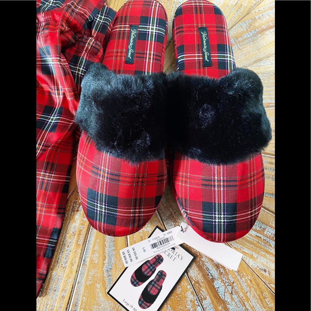 NWT Victoria’s Secret Red Plaid Satin Slippers